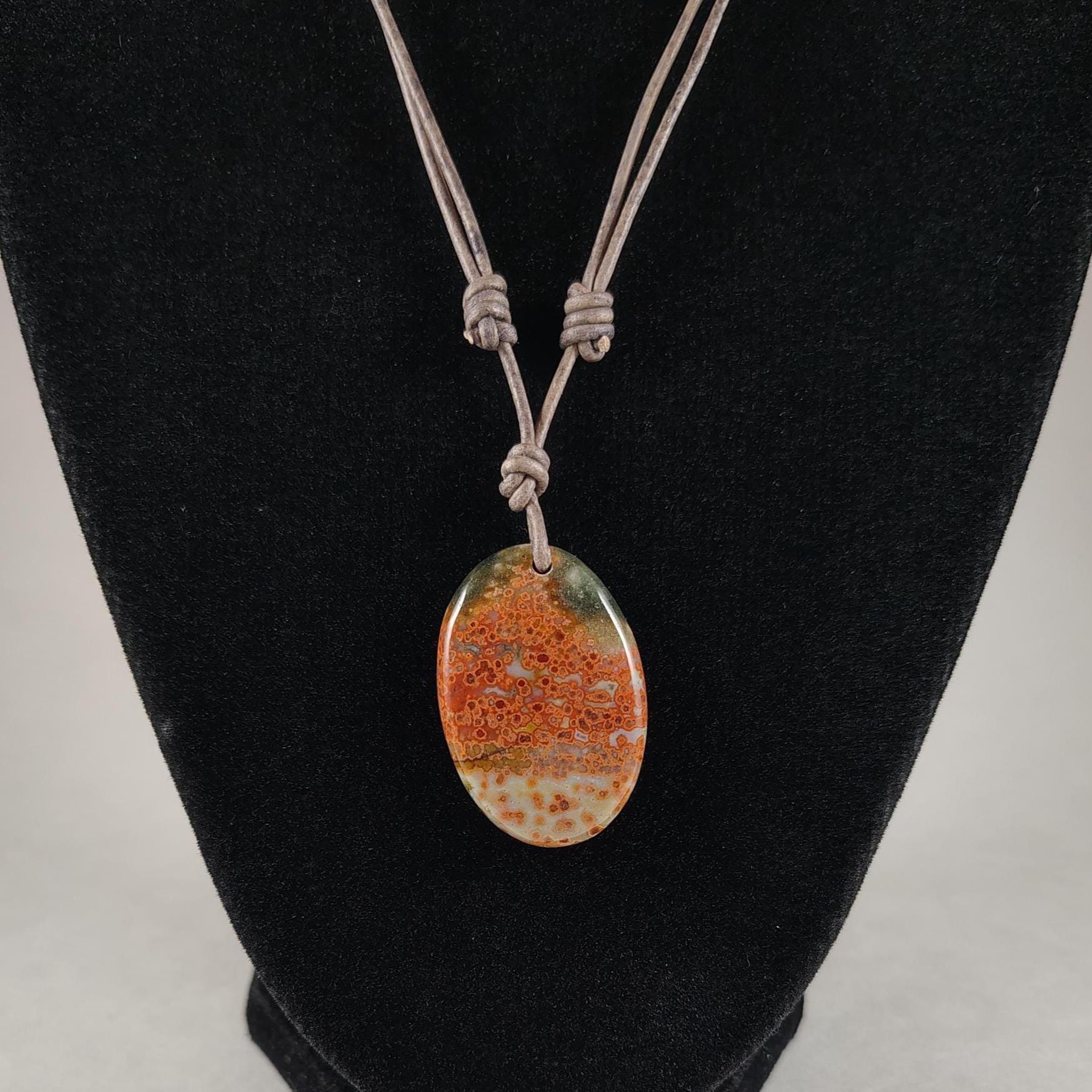 Ocean Jasper Adjustable Leather Necklace Handmade By Chris Hay