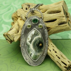Ocean Jasper Necklace, Adjustable Sterling Silver Chain, Natural Faceted Cabochon, Druzy, Green Gemstones