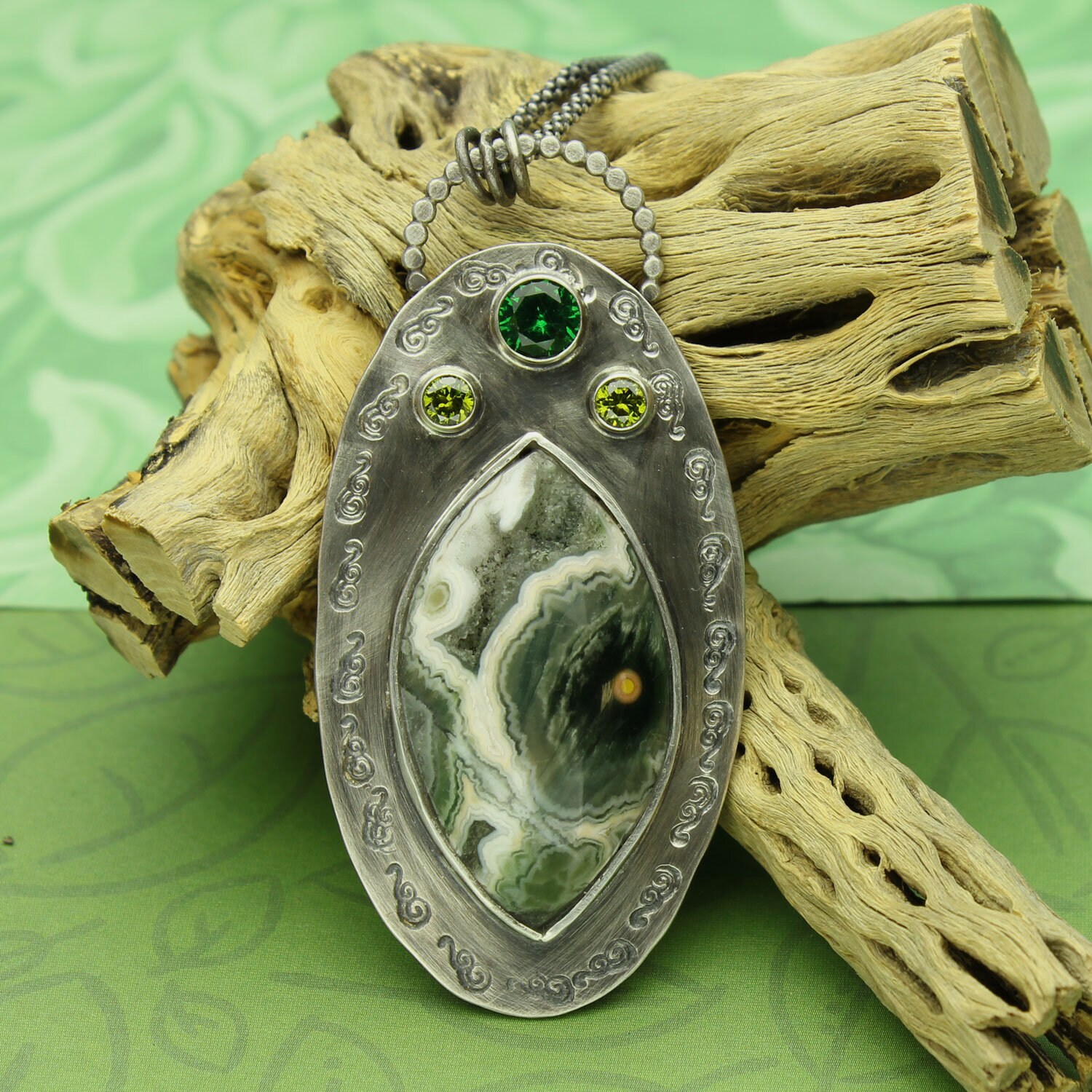 Ocean Jasper Necklace, Adjustable Sterling Silver Chain, Natural Faceted Cabochon, Druzy, Green Gemstones