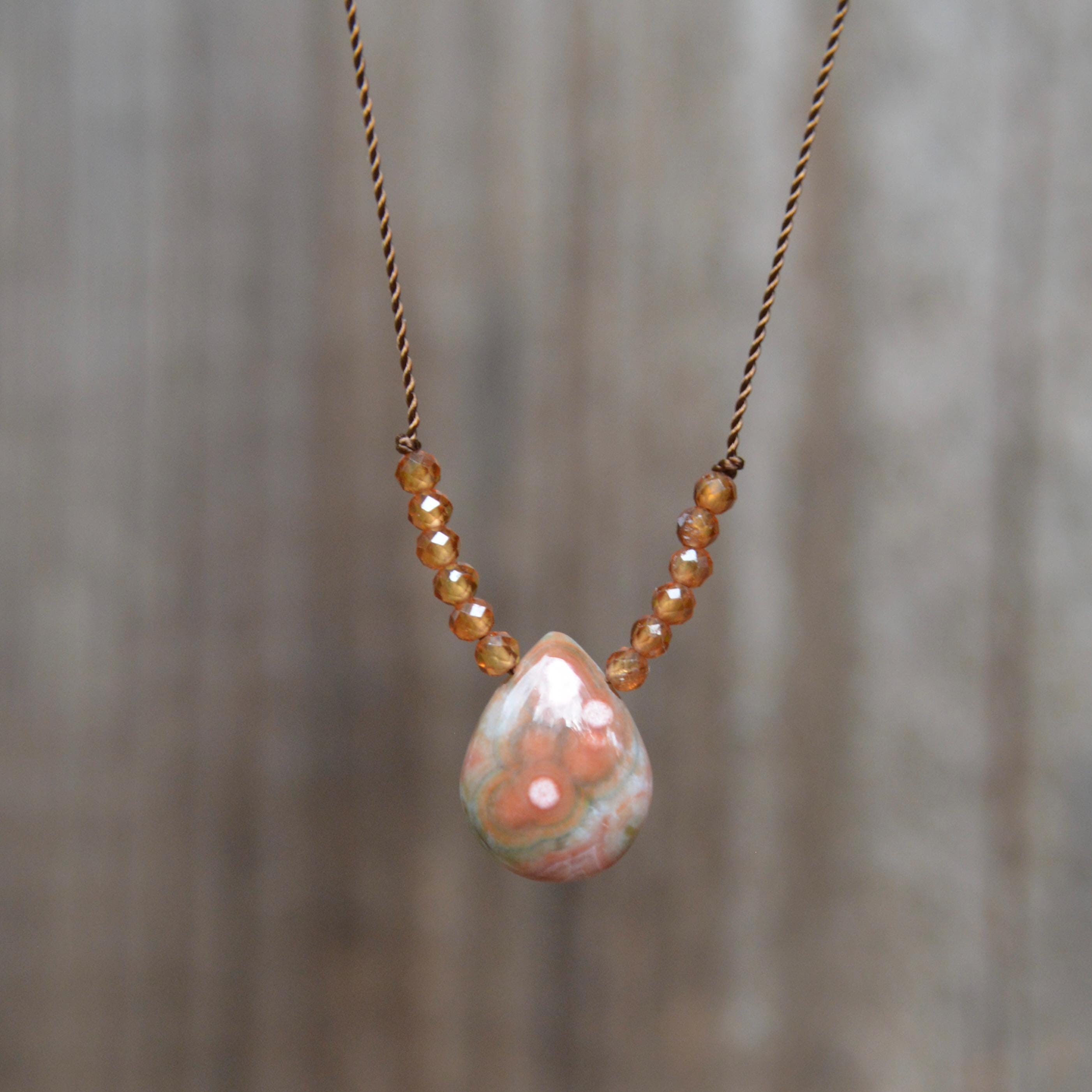 Ocean Jasper And Hessonite Knotted Silk Necklace 16 Inches