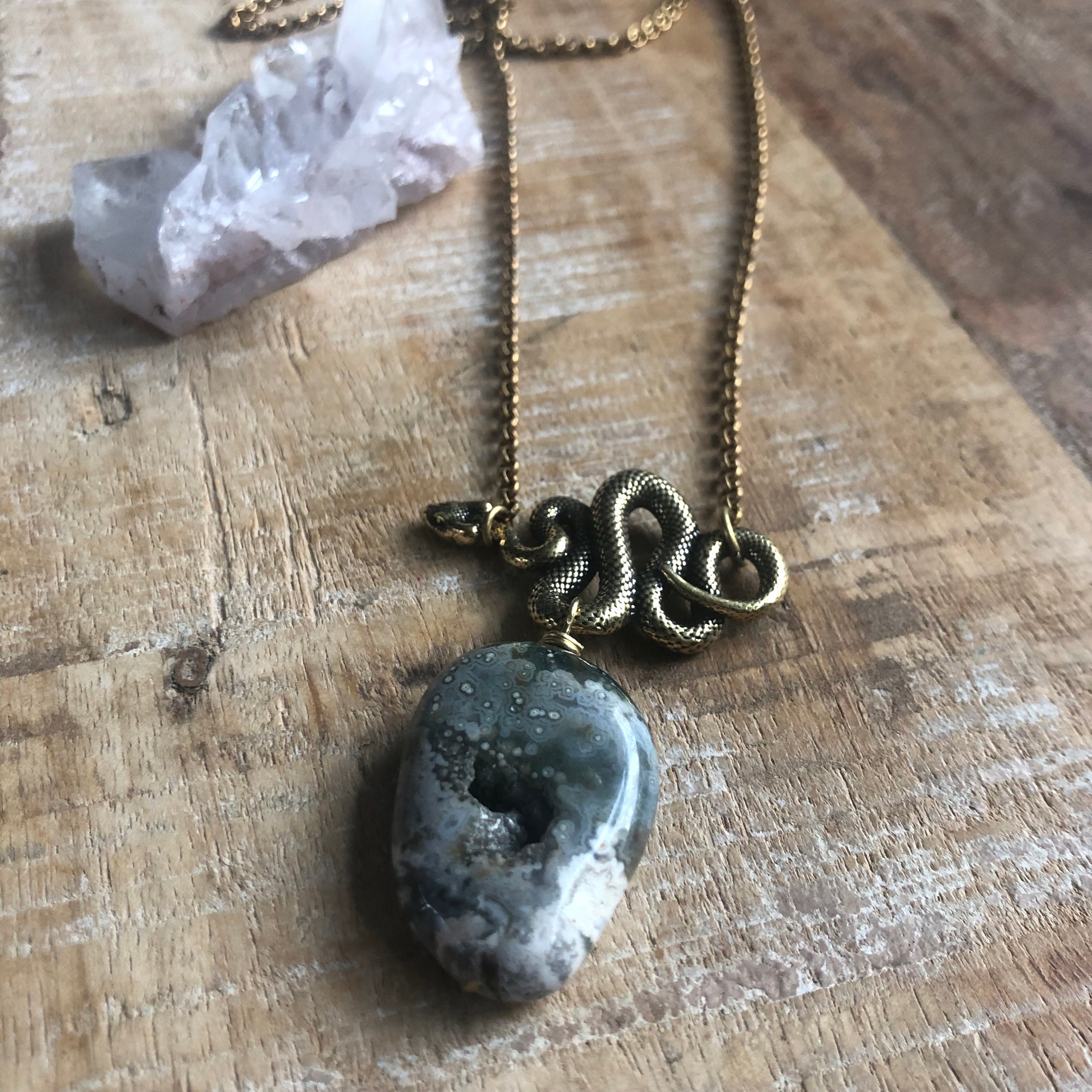 Brass Snake Necklace With Ocean Jasper Brass Snake Necklace With Ocean Jasper