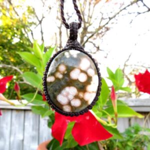 Ocean Jasper gemstone necklace, jasper macrame necklace, cool gemstone jewelry, gift ideas for the surfer, for the beach lover