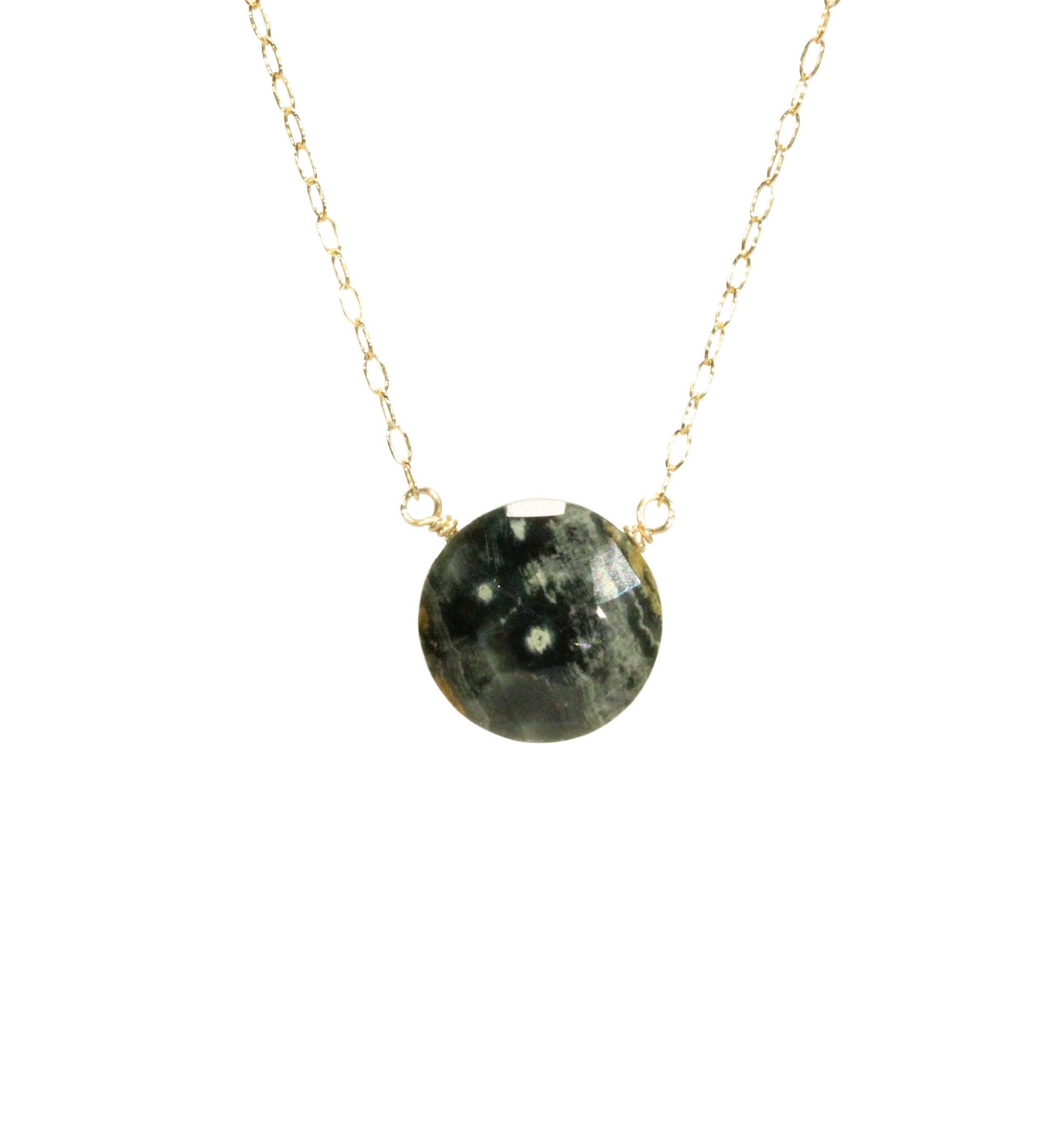 Ocean Jasper Necklace, Natural Earth Tone Stone, Circle Disc Necklace, Orbicular Jasper On A Dainty 14k Gold Filled Chain