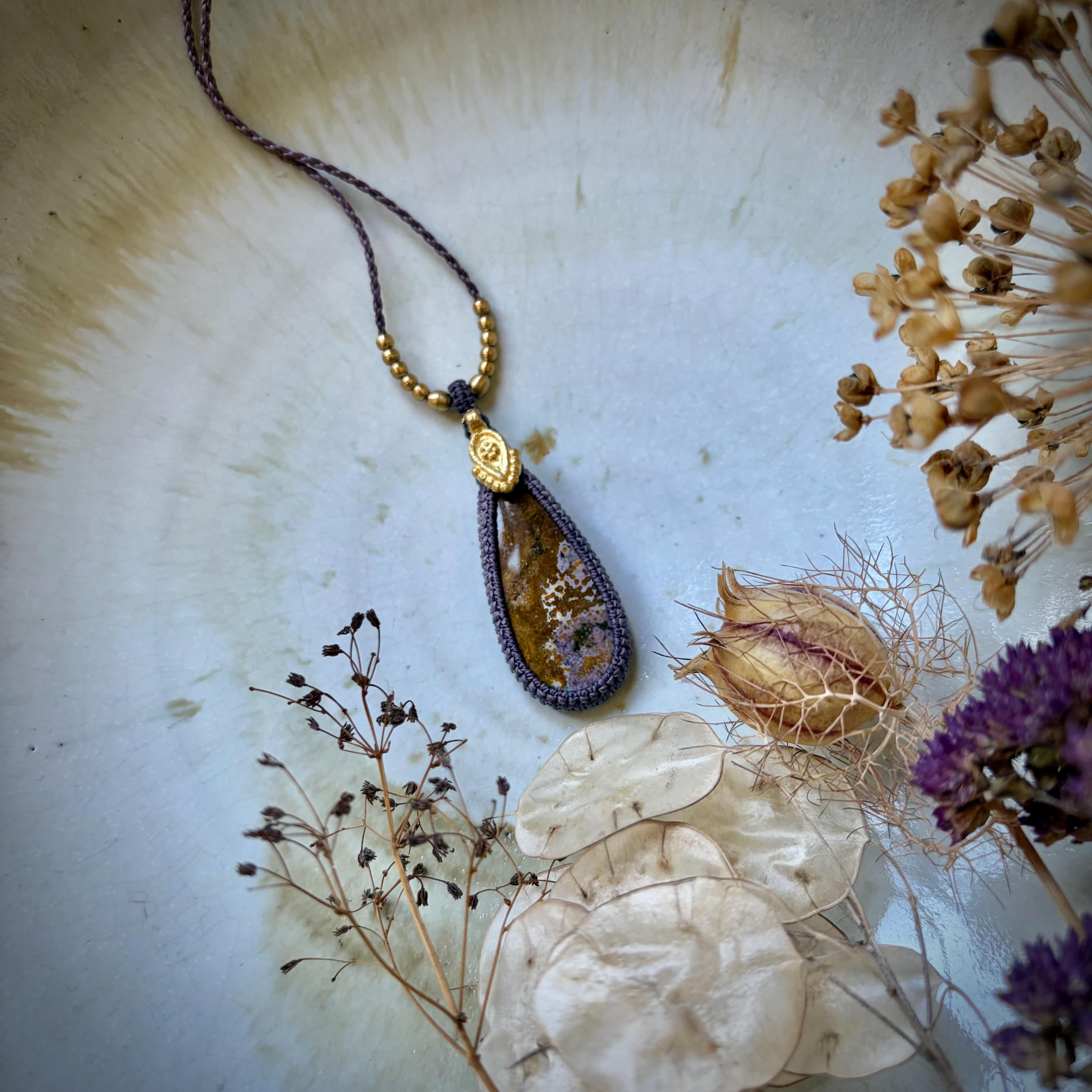 Purple Knotted Ocean Jasper, Macrame Necklace, Drop Shape With Golden Brass Beads, Lilac Color Cord, Green Jasper, Long Drop Shape