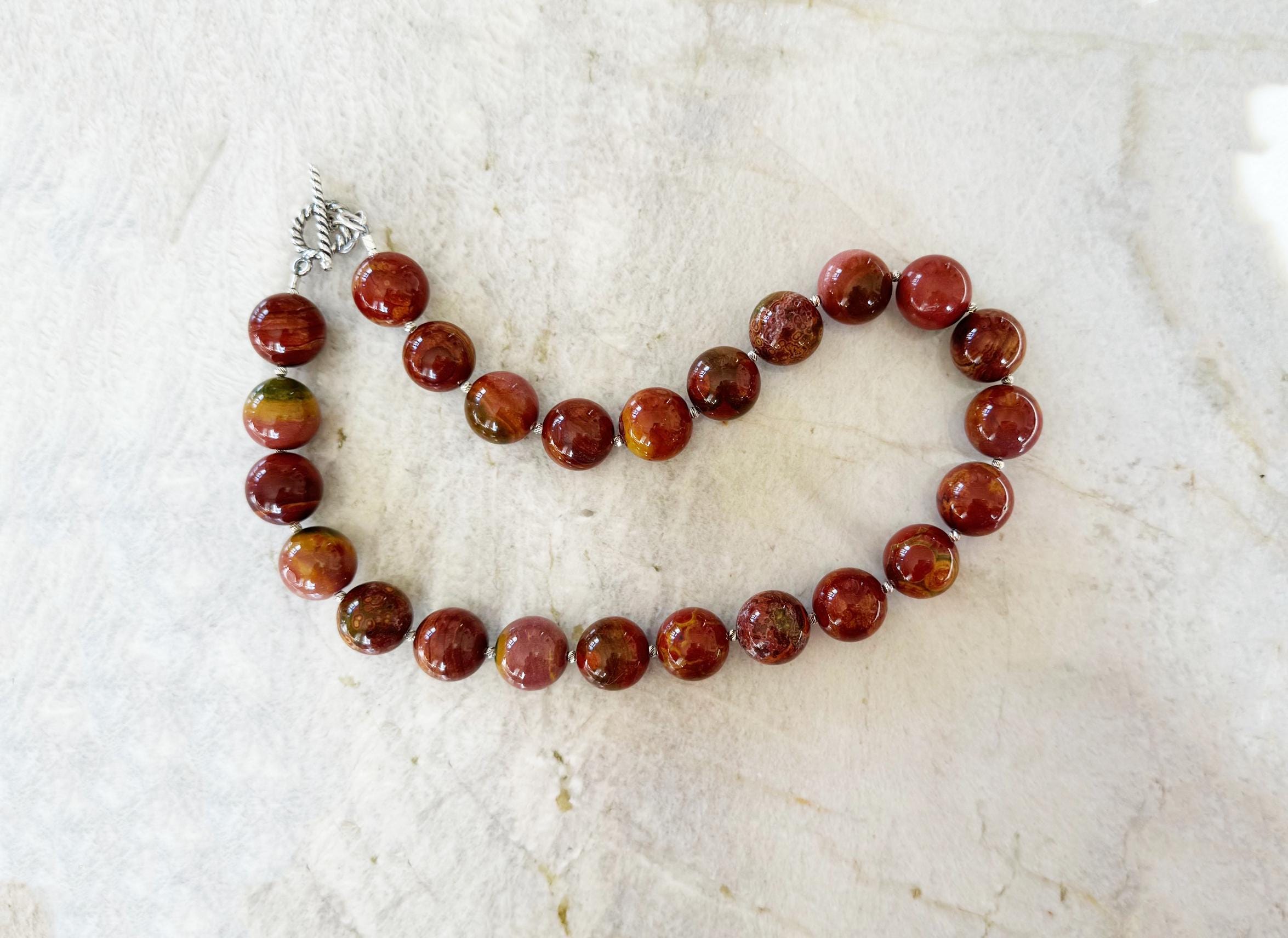 Red Ocean Jasper Necklace - 16mm Sterling Silver Handcrafted