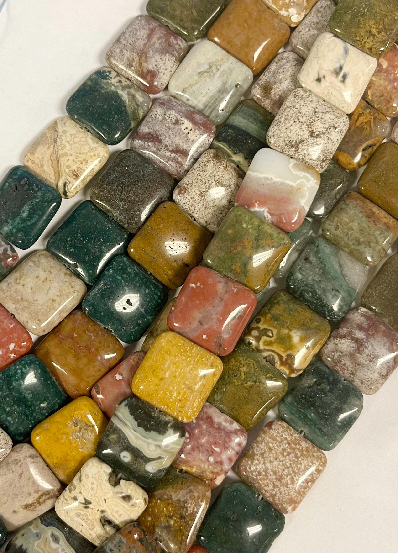 Ocean Jasper 16x16x6mm Flat Square Natural Gemstone Beads- -15.5 Inch Strand-