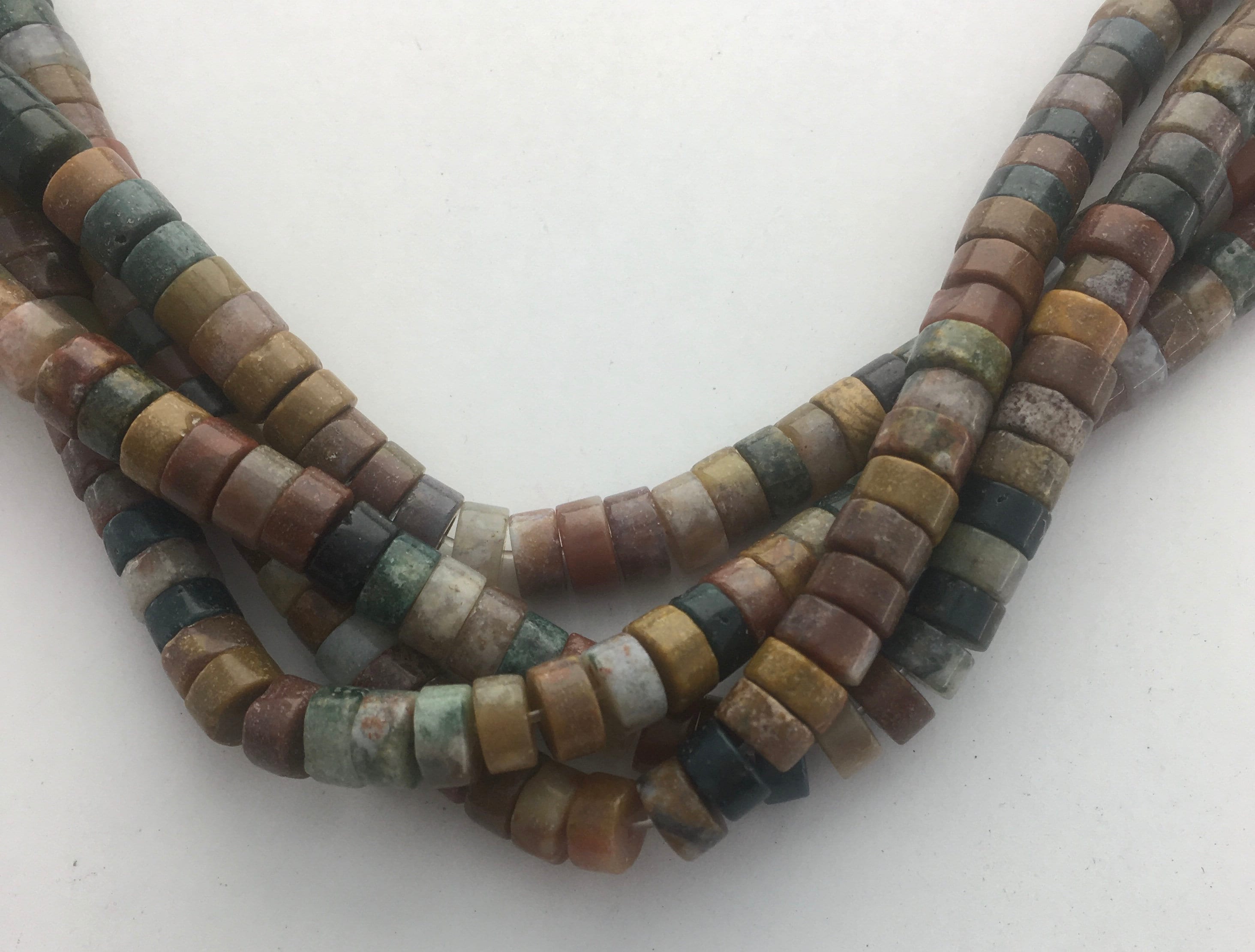 6mm Heishi Ocean Jasper. 15" Strand Of High Quality Heishi Cut Beads In Mix Of Green, Yellow, White And Brown Ocean Jasper.