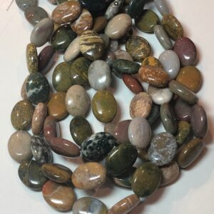 Ocean Jasper Gemstone Beads. 12x16mm flat oval beads on 15 inch strand. Full strand of A Grade beads, roughly 24 beads per strand. Ocean Jasper Gemstone Beads. 12x16mm flat oval beads on 15 inch strand. Full strand of A Grade beads, roughly 24 beads per strand.