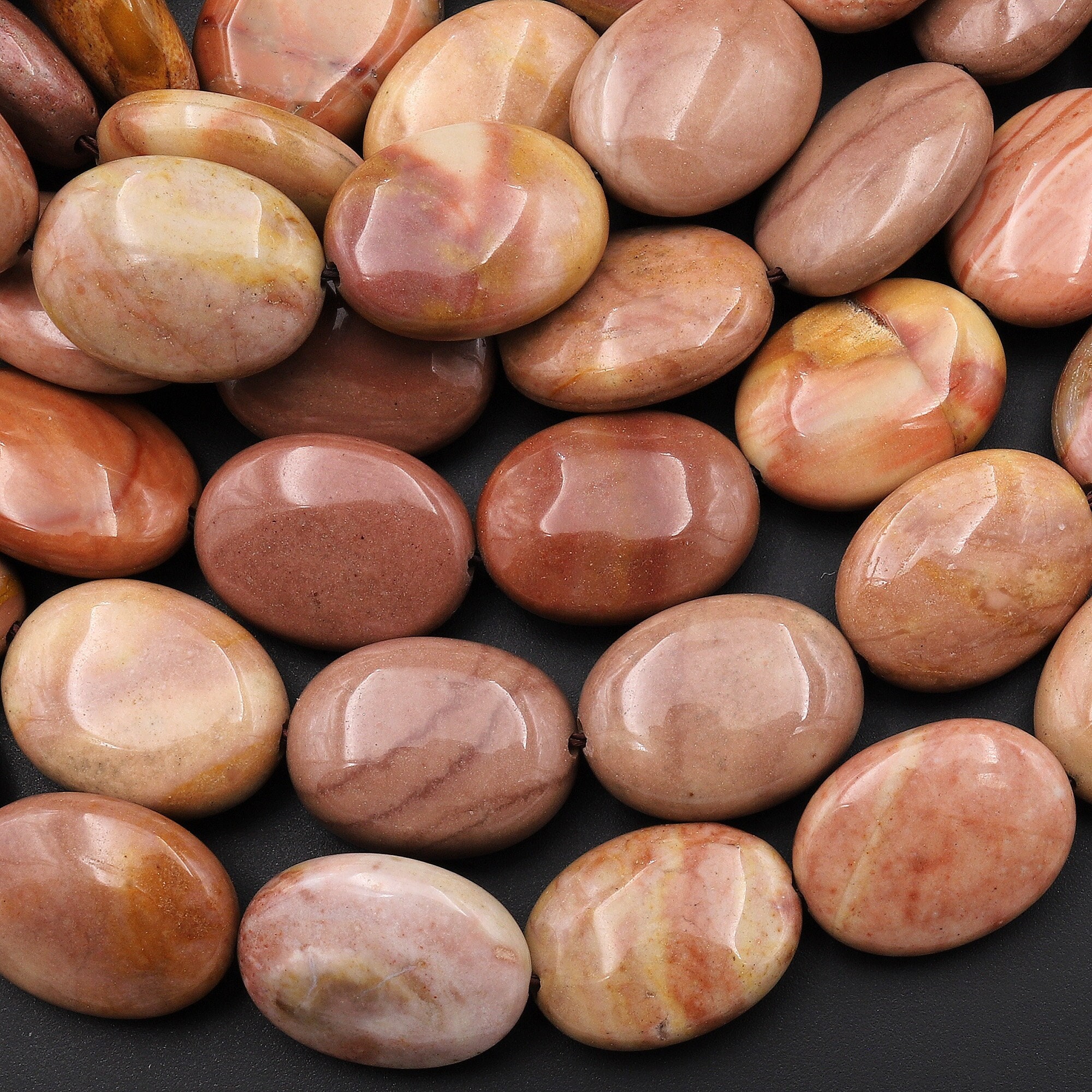 Natural Polychrome Landscape Ocean Jasper Smooth Oval Beads Earthy Red Brown Pink Colors 15.5" Strand Natural Polychrome Landscape Ocean Jasper Smooth Oval Beads Earthy Red Brown Pink Colors 15.5" Strand