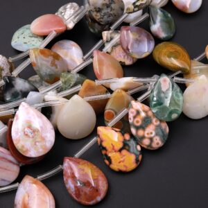 Natural Ocean Jasper Beads Top Side Drilled Teardrop Vibrant Green Yellow Red Orbs Eyes 15.5" Strand