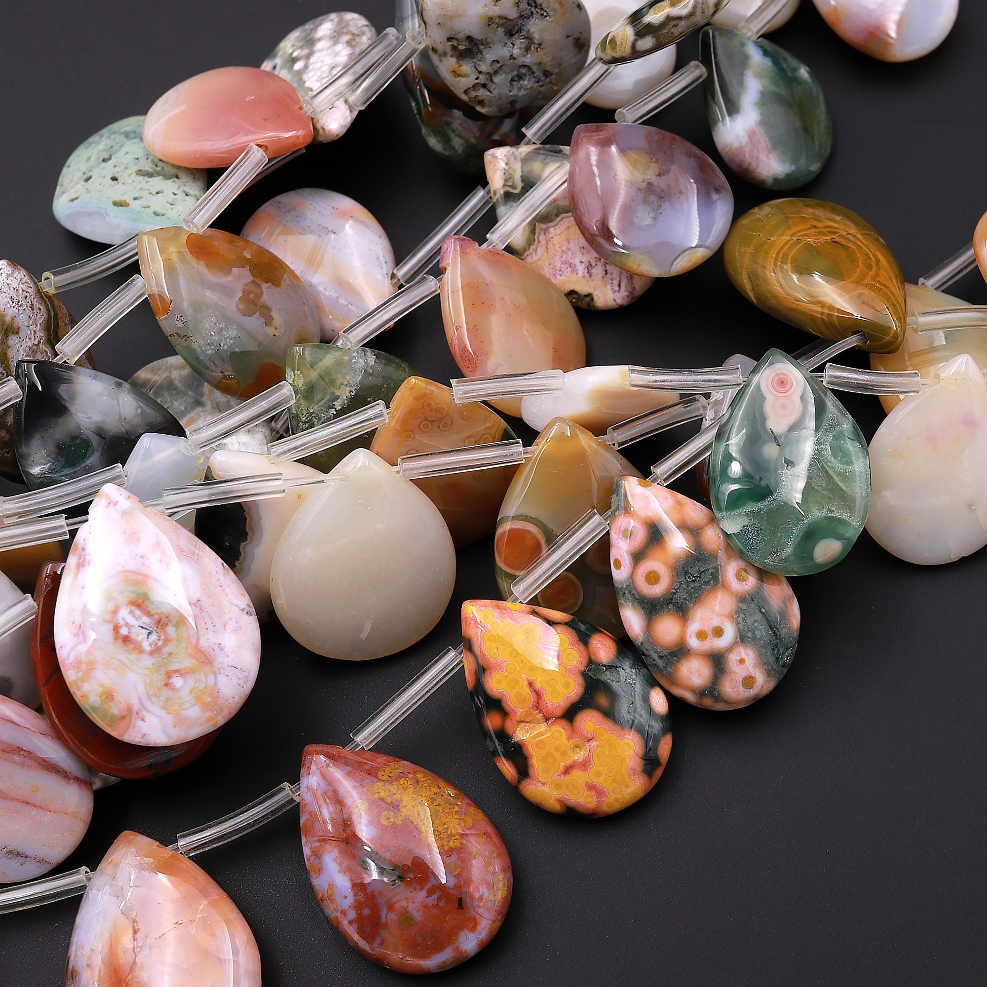 Natural Ocean Jasper Beads Top Side Drilled Teardrop Vibrant Green Yellow Red Orbs Eyes 15.5" Strand