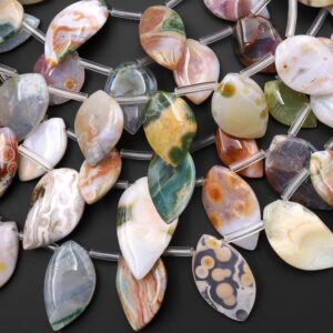 Natural Ocean Jasper Beads Top Side Drilled Leaf Teardrop Vibrant Green Yellow Red Orbs Eyes 15.5" Strand Natural Ocean Jasper Beads Top Side Drilled Leaf Teardrop Vibrant Green Yellow Red Orbs Eyes 15.5" Strand