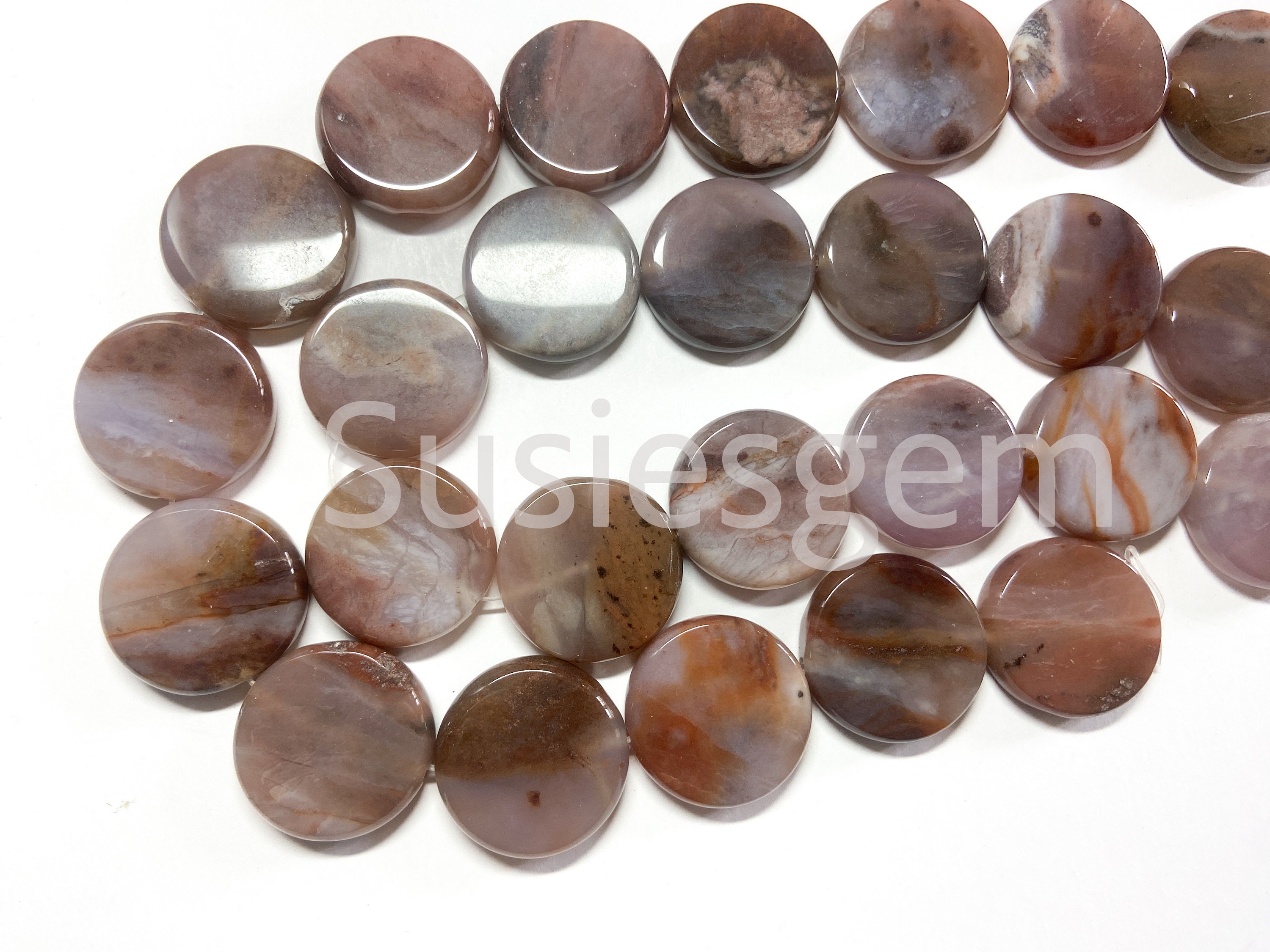 Purple Ocean Jasper Coin 28 Mm. Natural Gemstone Beads. Large Hole. 16'' Vintage Stock