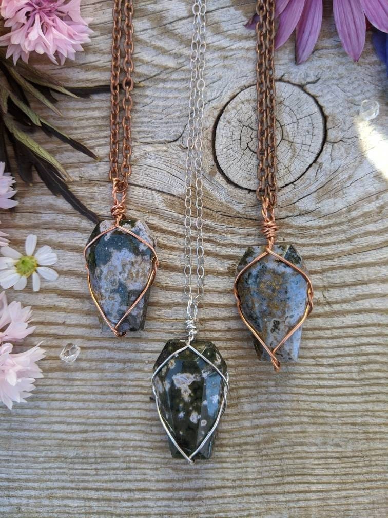 Ocean Jasper Coffin Pendant, Natural Ocean Jasper Pendant, Green Ocean Jasper Necklace, Coffin Pendant, Green Coffin Necklace, Crystal Coffi