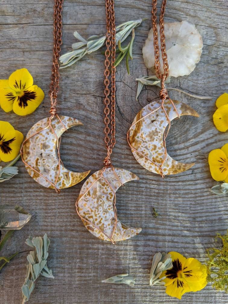 Ocean Jasper Crescent Moon Pendant, Yellow Oj Pendant, Ocean Jasper Necklace, Jasper Pendant, High Quality Ocean Jasper, Jasper Crystal Moon