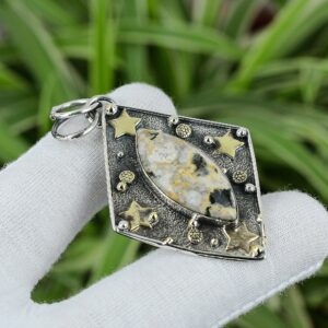 Handmade Ocean Jasper Pendant: 925 Sterling Silver, 18k Gold Plated
