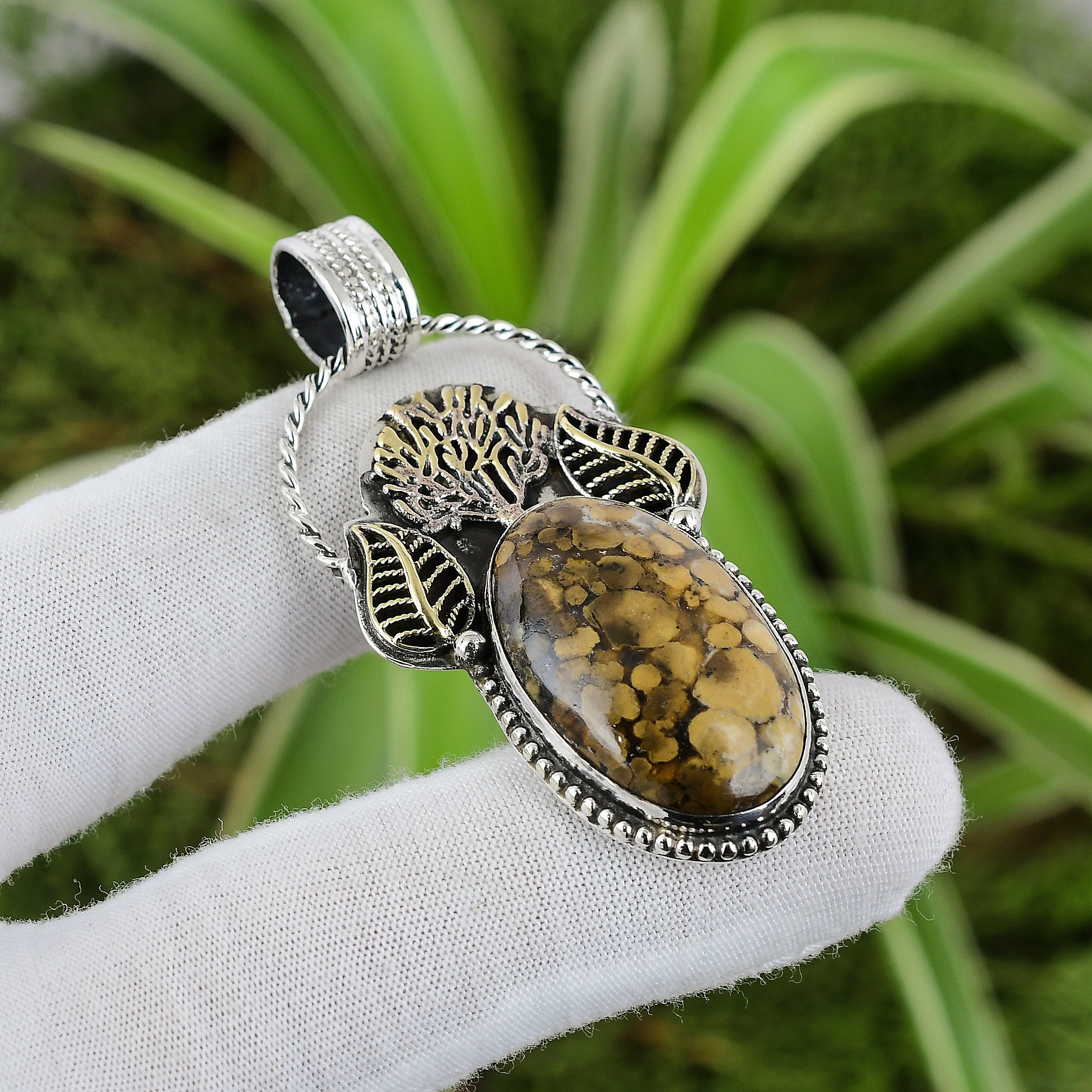 Handmade Ocean Jasper Pendant: 925 Sterling Silver, 18k Gold Plated