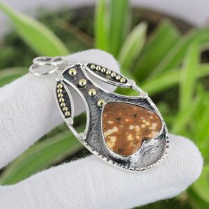 Handmade Ocean Jasper Pendant: 925 Sterling Silver 18k Gold Plated Heart