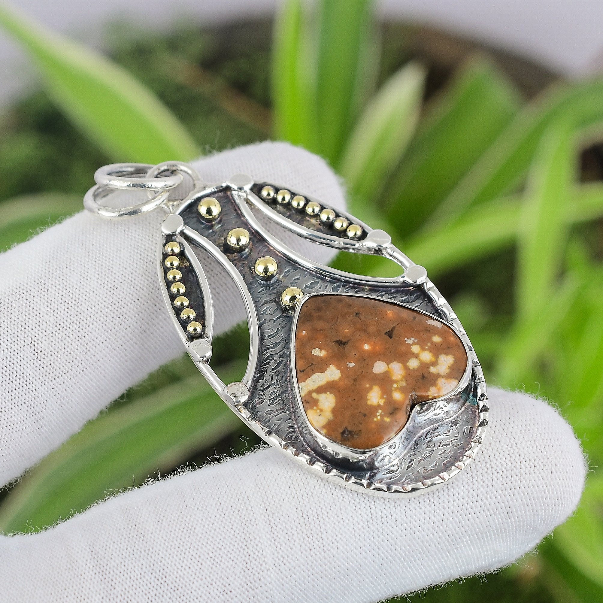 Handmade Ocean Jasper Pendant: 925 Sterling Silver 18k Gold Plated Heart