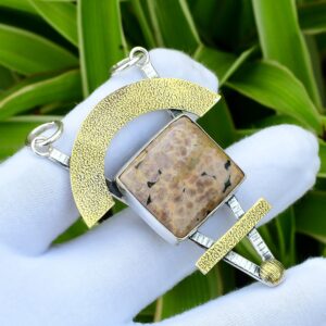 Handmade Ocean Jasper Pendant: 925 Sterling Silver, 18k Gold Plated
