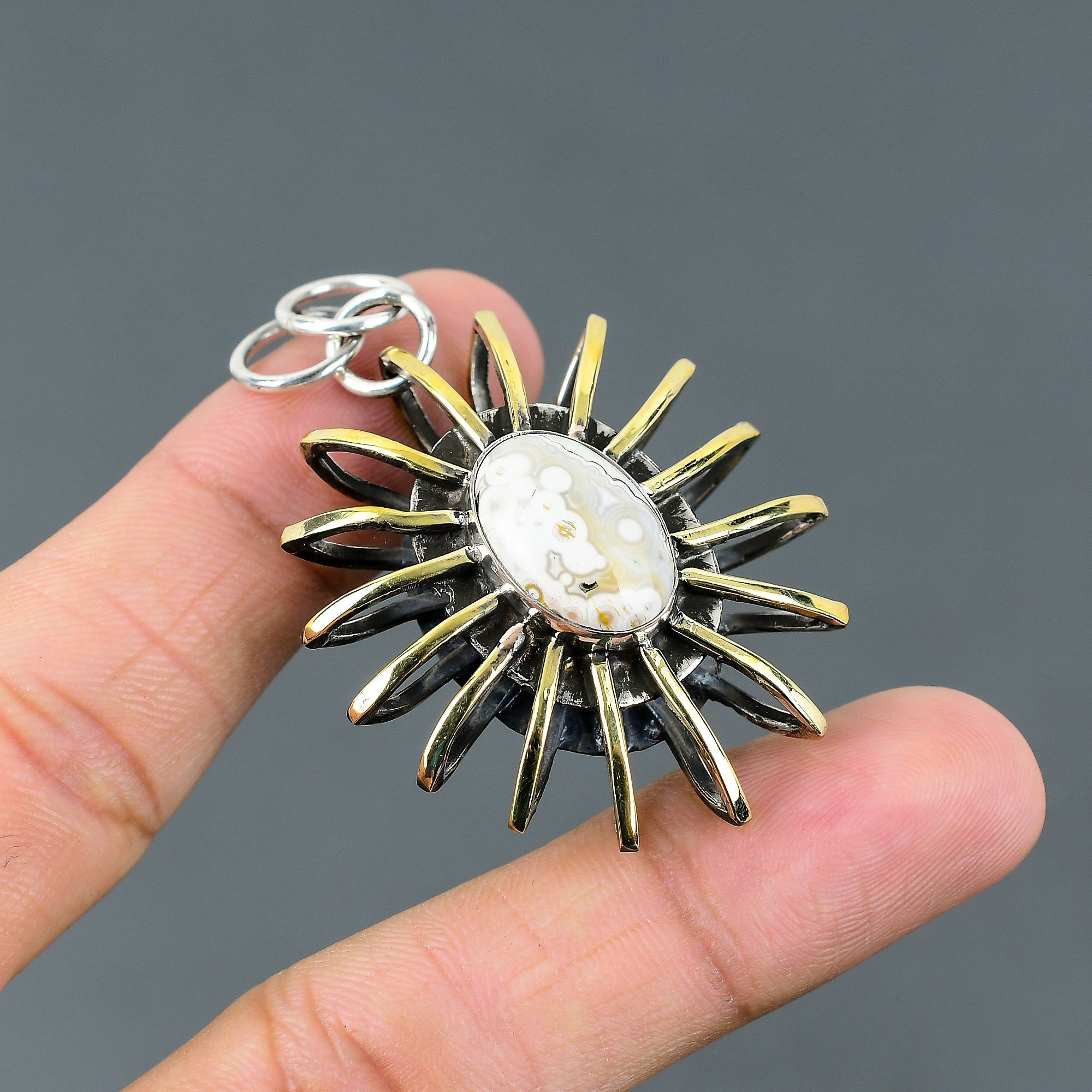 Handmade Ocean Jasper Pendant: 925 Sterling Silver 18k Gold Plated Cage Jewelry