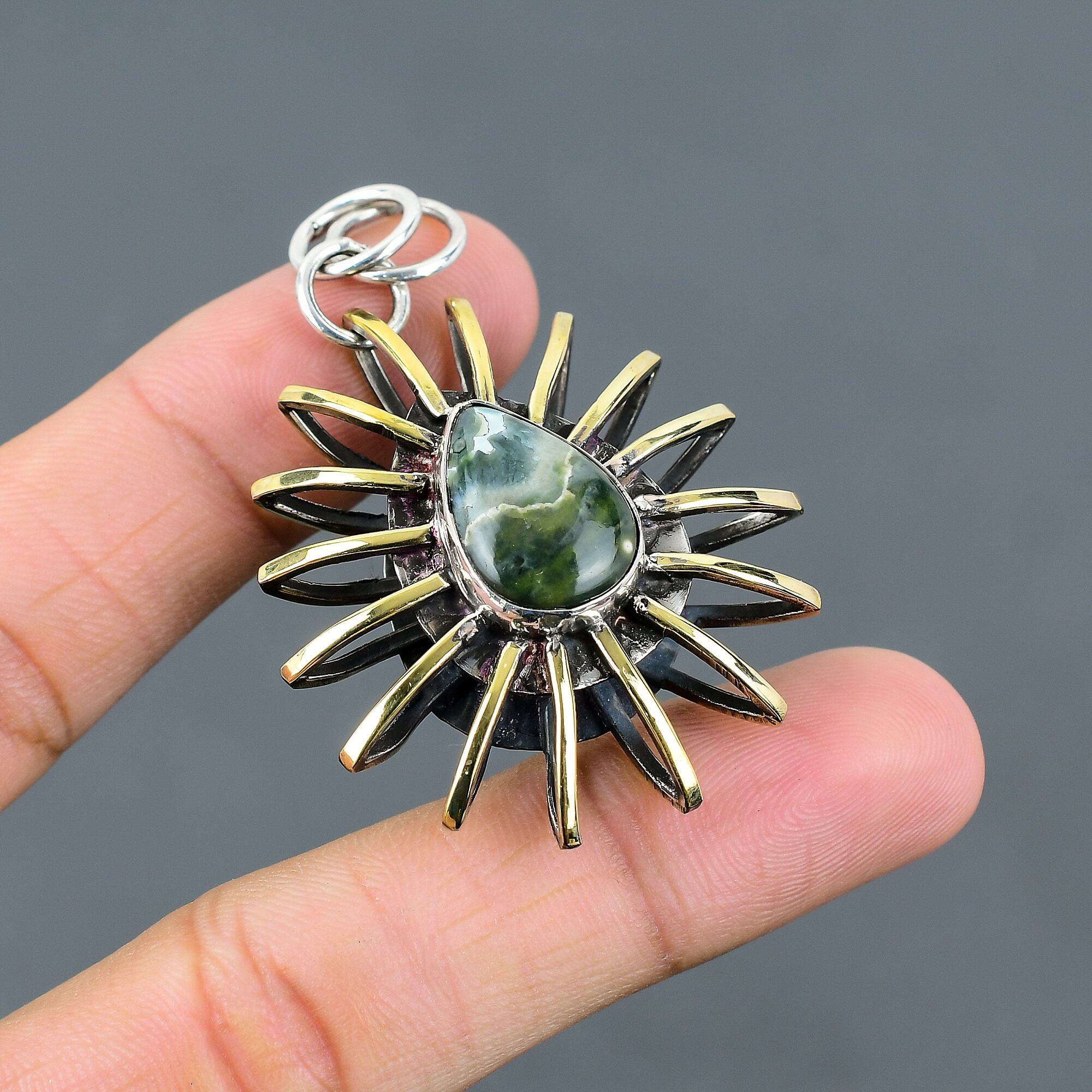 Handmade Ocean Jasper 925 Sterling Silver Pendant - 18k Gold Plated Cage