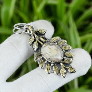 Handmade Ocean Jasper Pendant: 925 Sterling Silver 18K Gold Plated Handmade Ocean Jasper Pendant: 925 Sterling Silver 18K Gold Plated