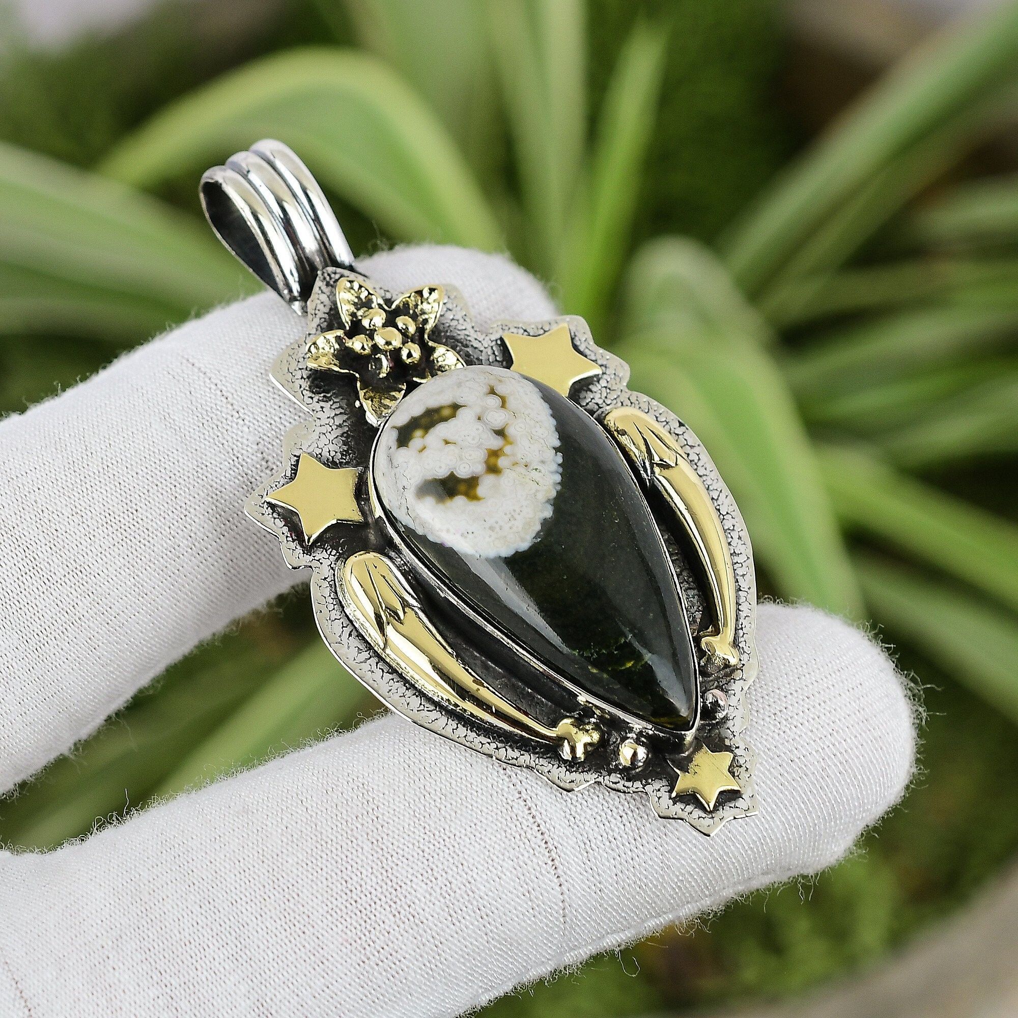 Handmade Ocean Jasper Pendant: 925 Sterling Silver, 18k Gold Plated