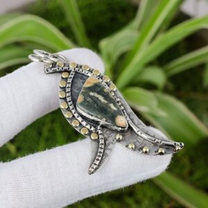 Handmade Ocean Jasper Fish Pendant: 925 Sterling Silver, 18k Gold Plated
