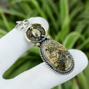 Handmade Ocean Jasper Turtle Pendant: 925 Sterling Silver, 18k Gold Plated