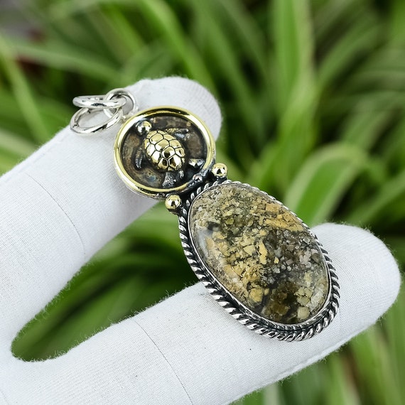 Handmade Ocean Jasper Turtle Pendant: 925 Sterling Silver, 18k Gold Plated Handmade Ocean Jasper Turtle Pendant: 925 Sterling Silver, 18k Gold Plated