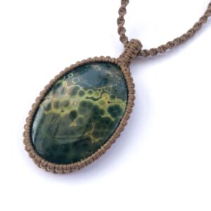 Ocean Jasper Macrame Necklace, Green Tones Landscape, Large Oval Ocean Jasper Necklace, Unisex Adjustable Pendant Necklace, Beige And Green
