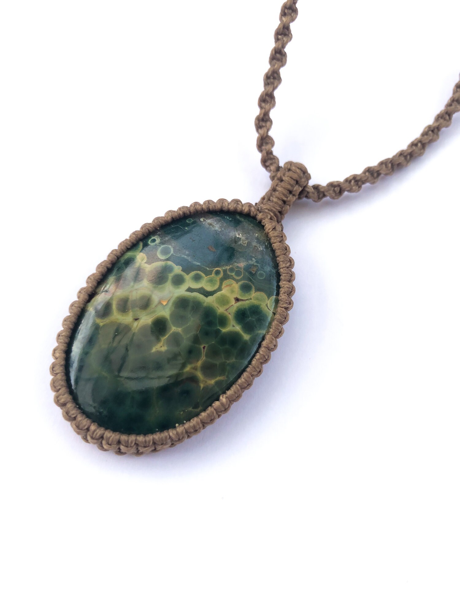 Ocean Jasper Macrame Necklace, Green Tones Landscape, Large Oval Ocean Jasper Necklace, Unisex Adjustable Pendant Necklace, Beige And Green
