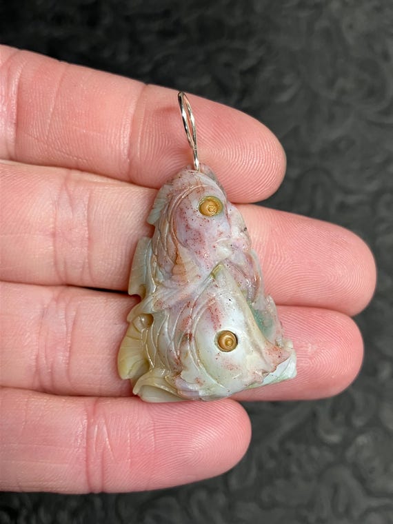 Marine Fish Ocean Jasper Carved Stone Crystal Jewelry Pendant