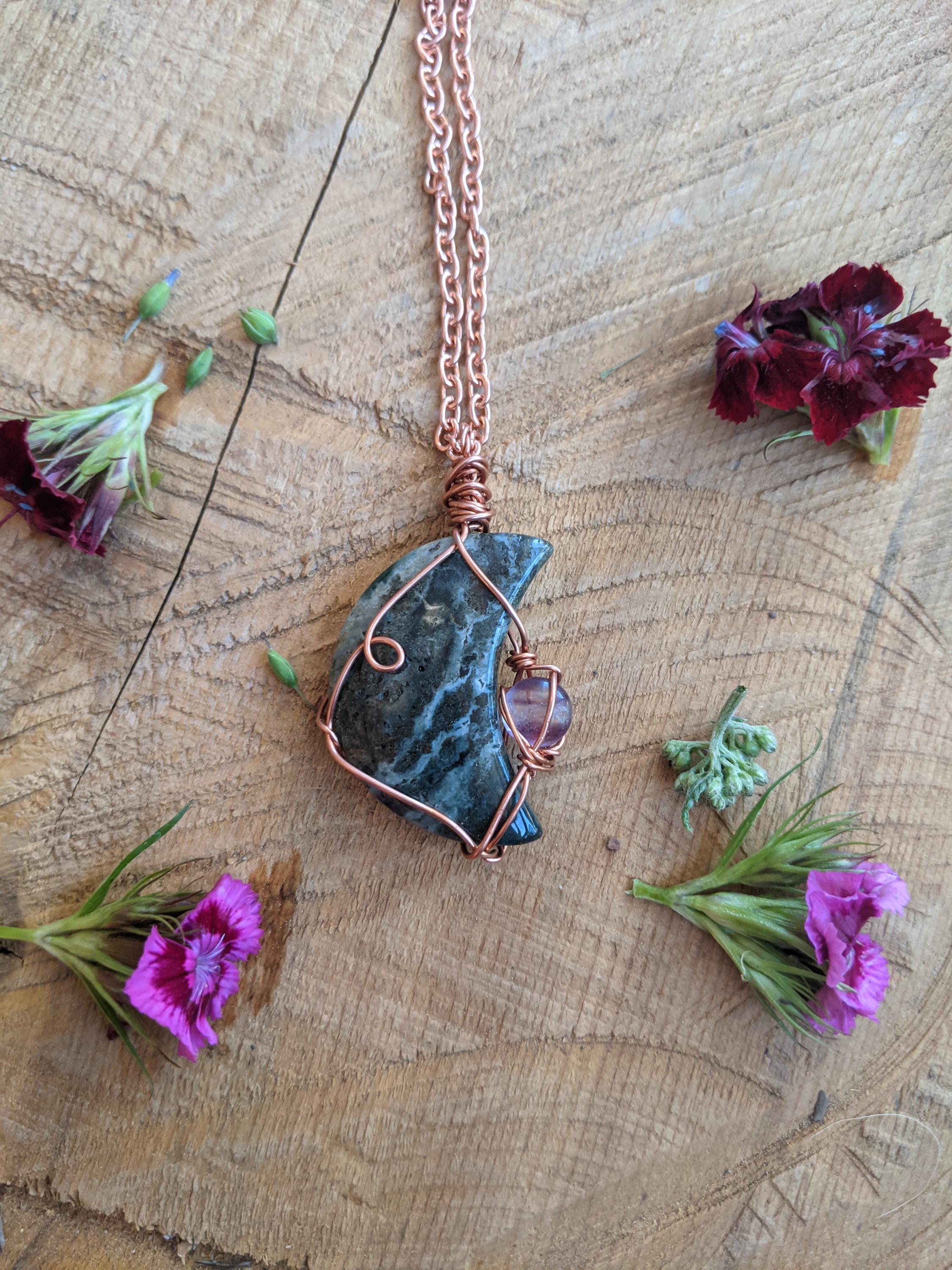 Ocean Jasper Moon Pendant, Ocean Japser Crystal Moon, Medium Crescent Moon Pendant, Jasper Necklace, Solid Copper Crystal Moon Necklace, Fl