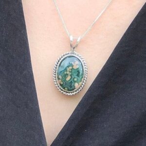 Ocean Jasper Pendant, Natural Jasper, Vintage Pendant, Antique Pendant, Statement Gemstone Pendant, Green Pendant, Solid Silver Pendant