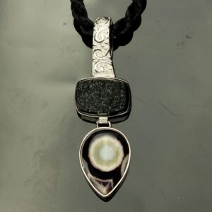 Ocean Jasper Necklace, Black Druzy Ocean Jasper Pendant, Orb Cabochons in Sterling Silver