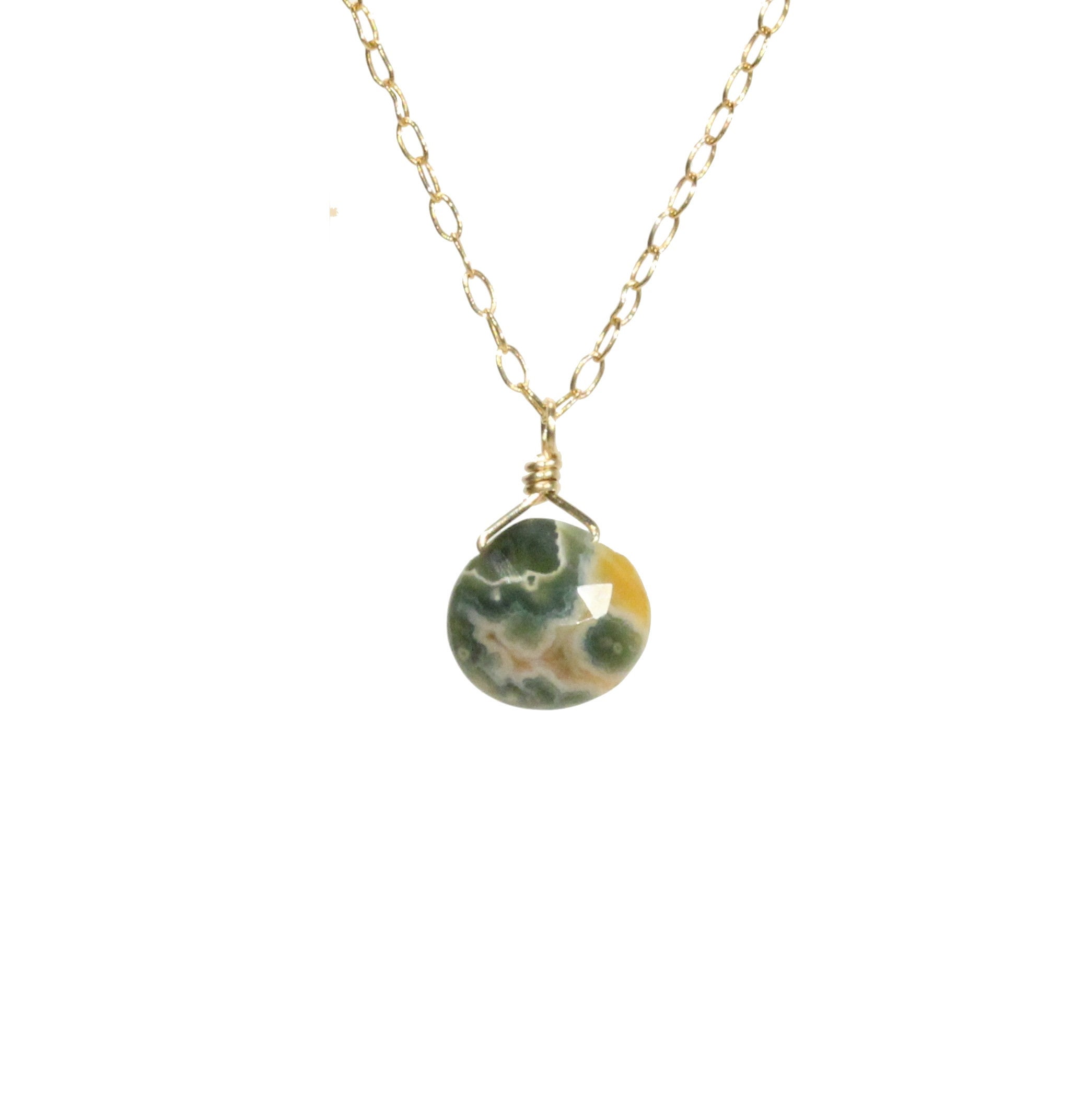 Ocean Jasper Necklace, Green Stone Pendant, 14k Gold Filled Chain Or Sterling Silver Chain