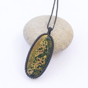 Ocean Jasper Necklace, Green Yellow Landscape, Large Ocean Jasper Macrame Necklace, Oval Ocean Jasper Pendant, Klimt Pendant, From Israel