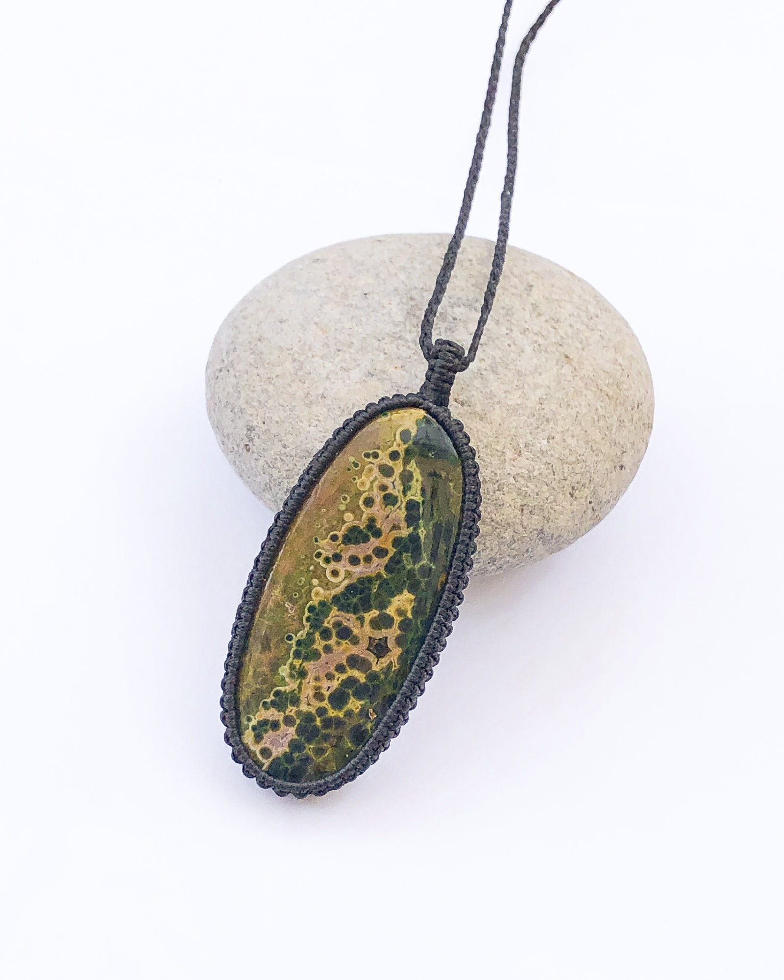 Ocean Jasper Necklace, Green Yellow Landscape, Large Ocean Jasper Macrame Necklace, Oval Ocean Jasper Pendant, Klimt Pendant, From Israel