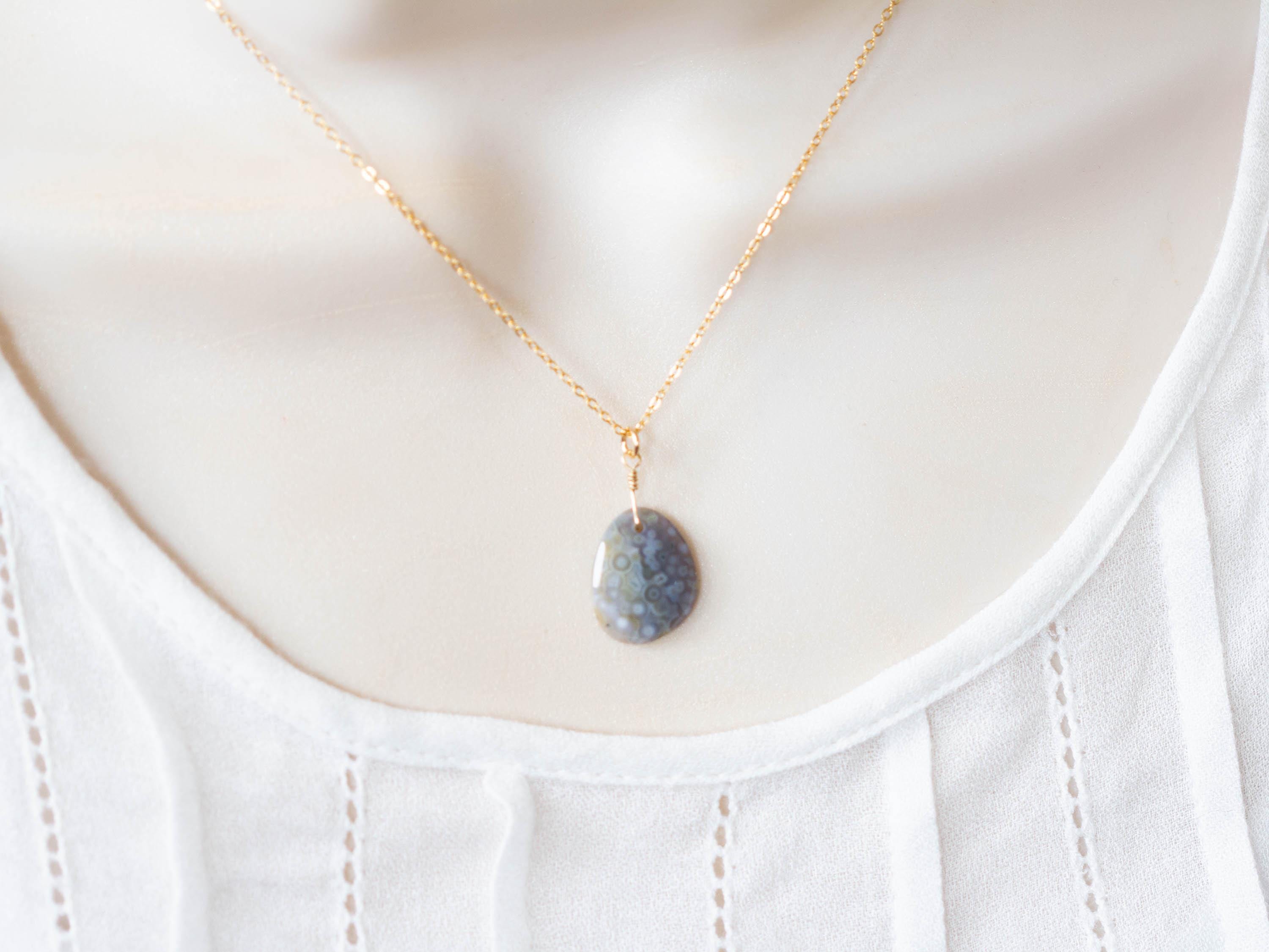 Ocean Jasper Pendant Necklace On Sterling Silver, Yellow Or Rose Gold Filled Chain