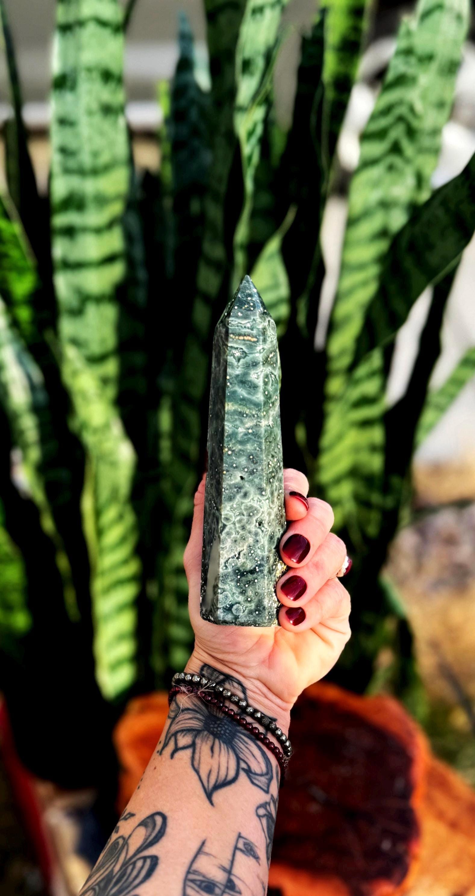 Ocean Jasper Crystal Tower W/ Druzy Crystals - Orbicular Ocean Jasper - Promotes Positive Energy, Joy, And Tranquility