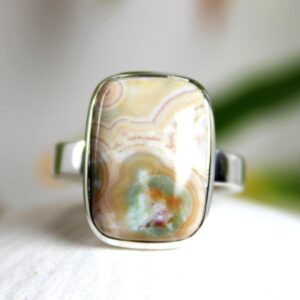 Ocean Jasper 925 Sterling Silver Ring: Rectangle Cabochon, Size 8-8.5