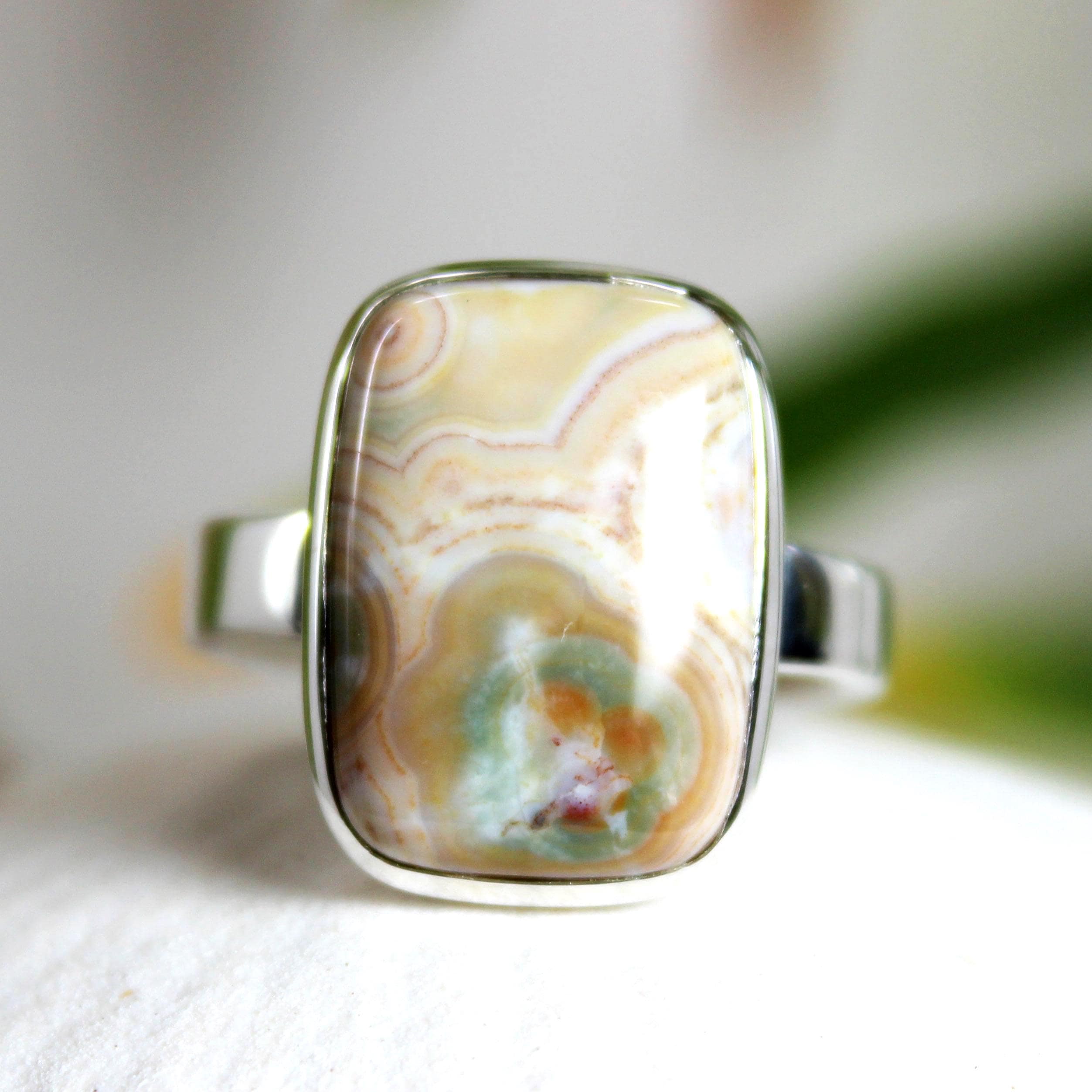 Ocean Jasper 925 Sterling Silver Ring: Rectangle Cabochon, Size 8-8.5 Ocean Jasper 925 Sterling Silver Ring: Rectangle Cabochon, Size 8-8.5