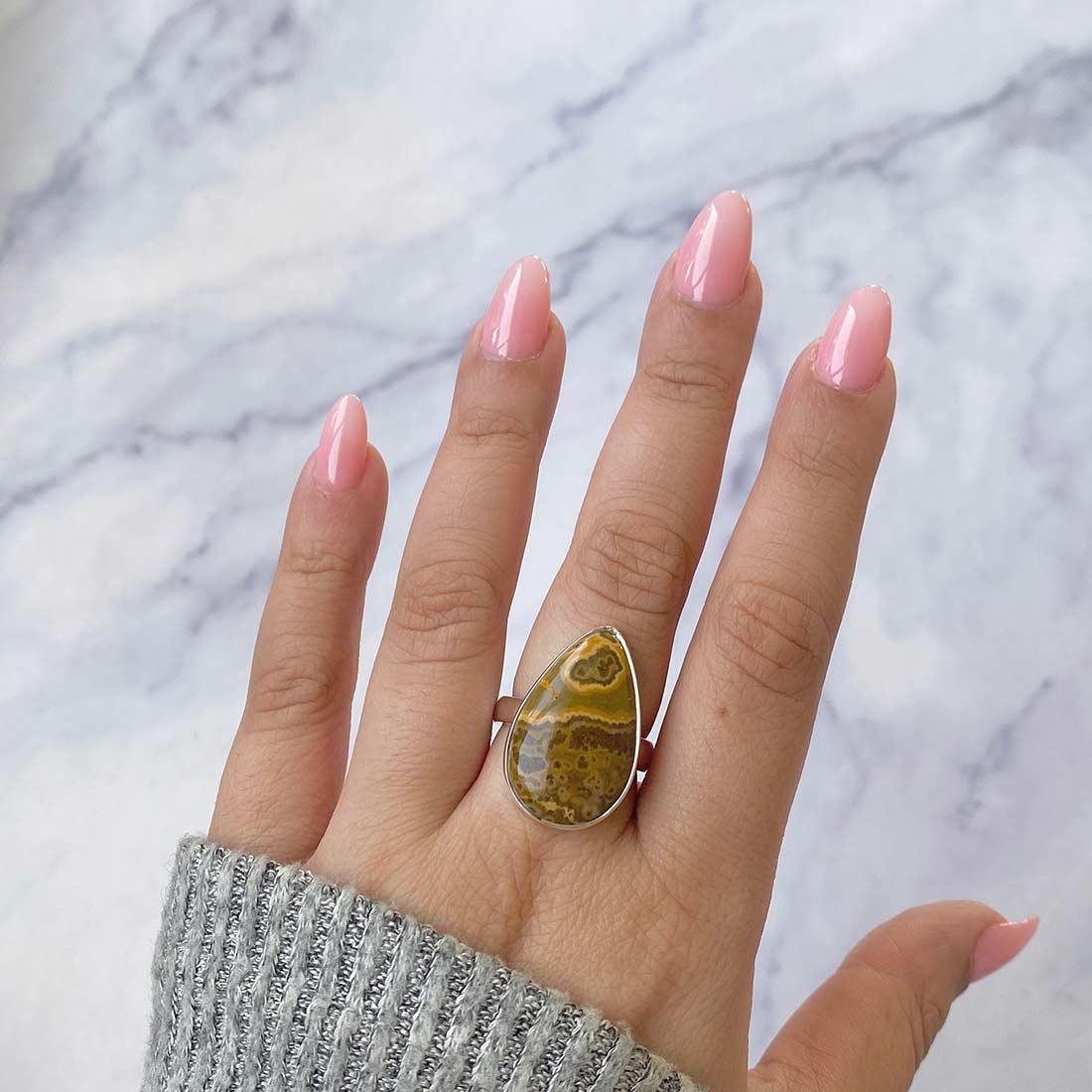 Ocean Jasper Adjustable Ring / 925 Sterling Silver / Healing Gemstone / Gifts For Her / Pear Cab / Ocean Jasper Statement Ring / Ocj-r-2.