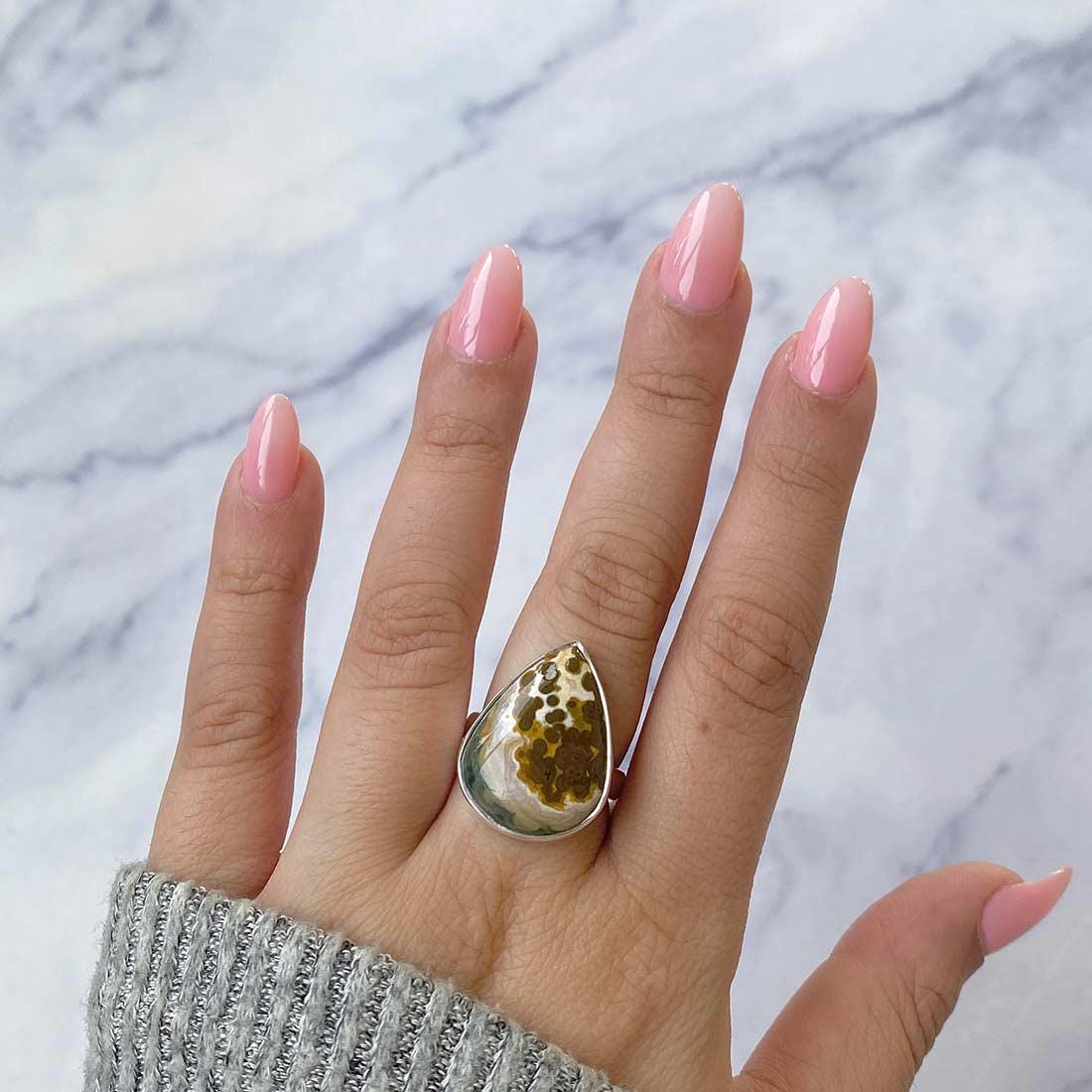 Ocean Jasper Adjustable Ring / 925 Sterling Silver / Healing Gemstone / Gifts For Her / Pear Cab / Ocean Jasper Statement Ring / Ocj-r-28.