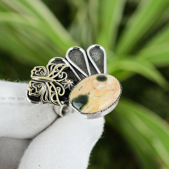 Ocean Jasper Butterfly Ring: Handmade 925 Sterling Silver Adjustable Band