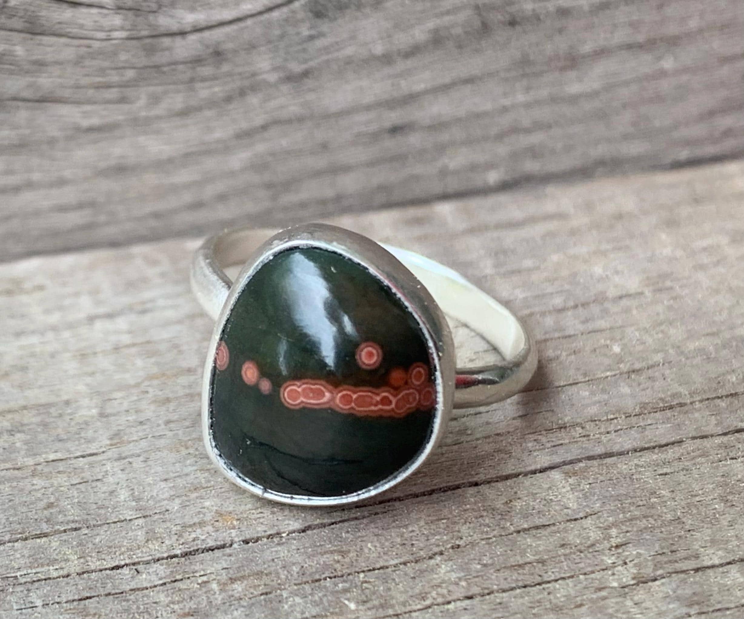 Free Form Geometric Black And Pink Ocean Jasper Sterling Silver Ring Size 5.75-6.75 , Jasper Ring , One Of A Kind , Mermaid Jewelry