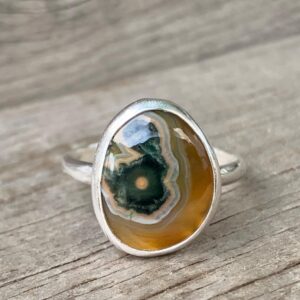 Geometric Free Form Yellow Green Ocean Jasper Sterling Silver Ring Size 8.25-9.25