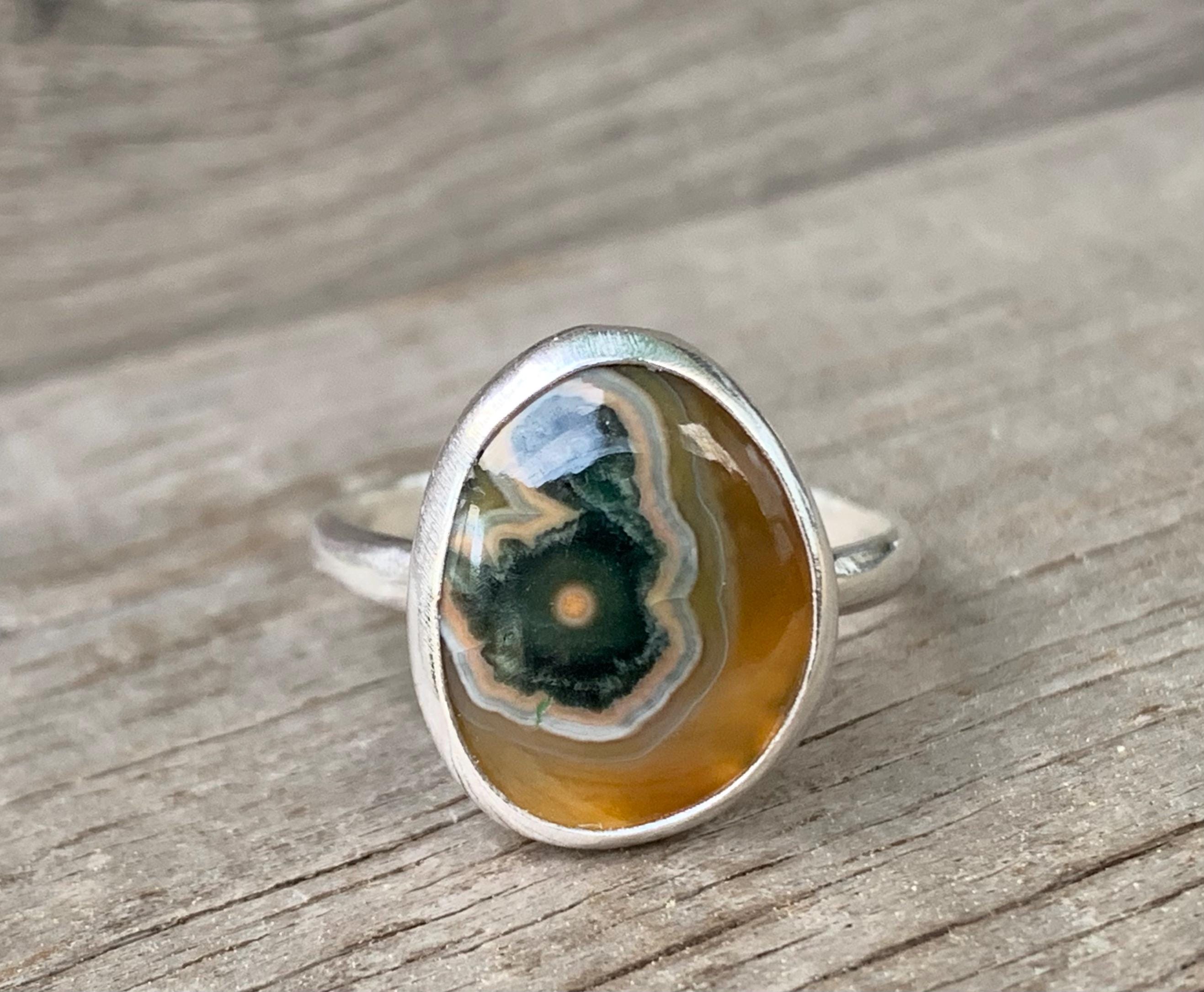 Geometric Free Form Yellow Green Ocean Jasper Sterling Silver Ring Size 8.25-9.25